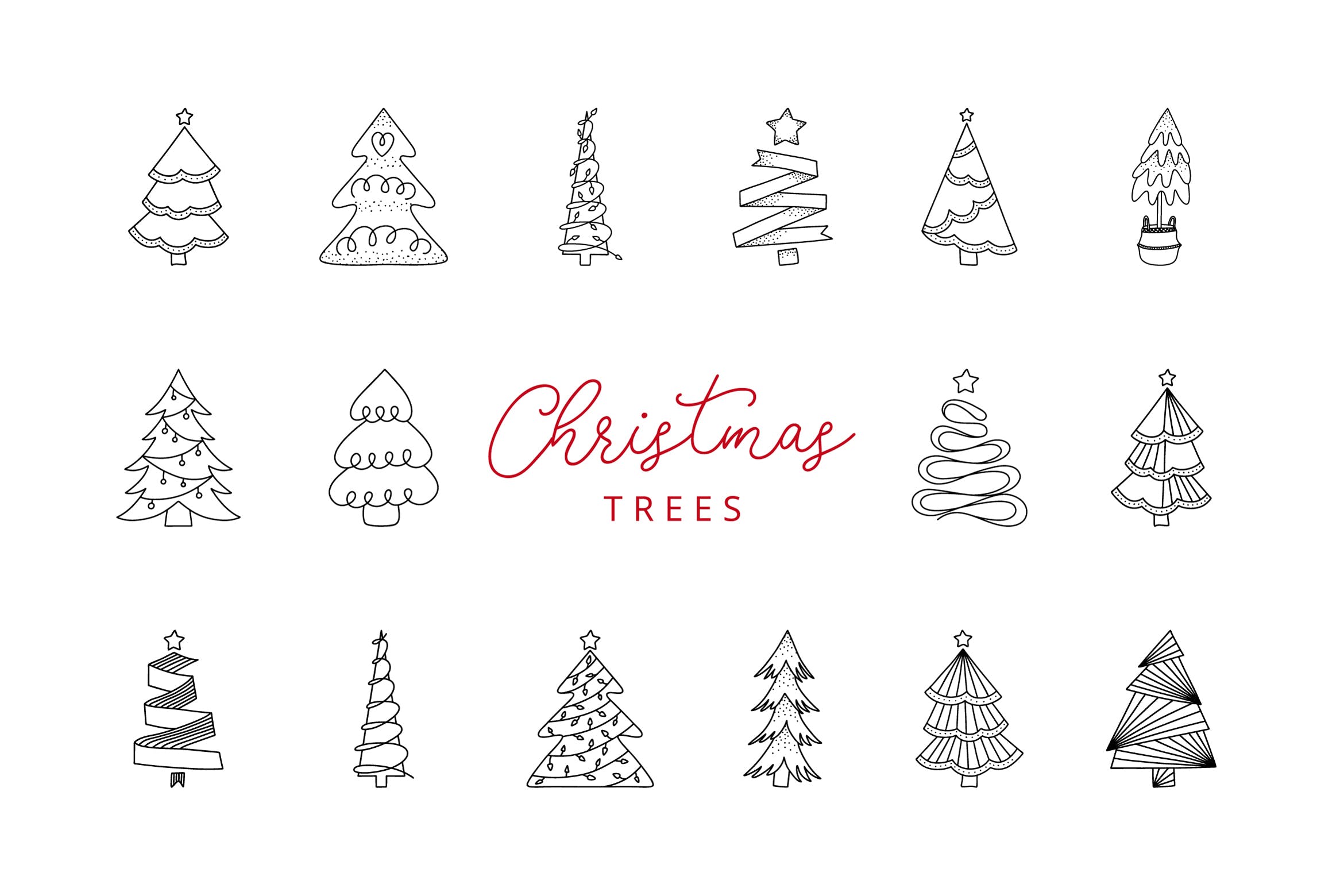 16枚圣诞树线性图标素材 16 Christmas Tree Doodle Line Icons插图