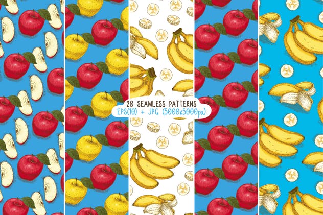 水果图案无缝纹理合集 Fruits Seamless Patterns Set插图(2)