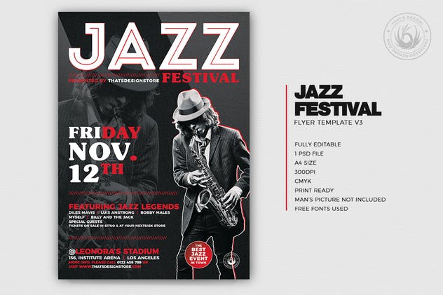 爵士音乐节传单海报设计模板V3 Jazz Festival Flyer Template V3插图(1)