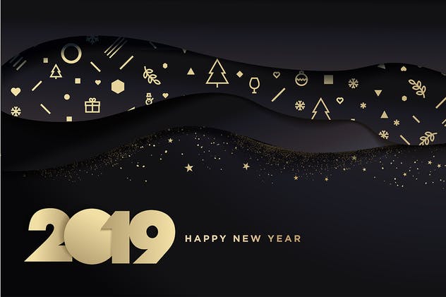 2019年新年闪耀图案山脉背景贺卡设计模板 Business Happy New Year 2019 Greeting Card插图(1)