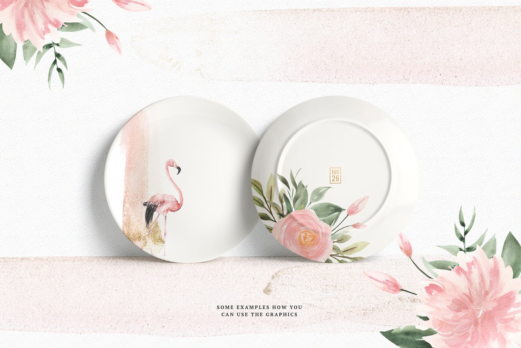 火烈鸟与鲜花矢量水彩插画 Watercolor Flamingo & Flowers插图(11)