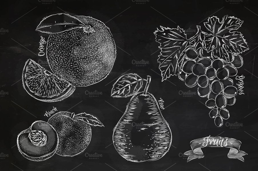 逼真手绘黑板粉笔剪贴画 Fruit chalk插图(1)