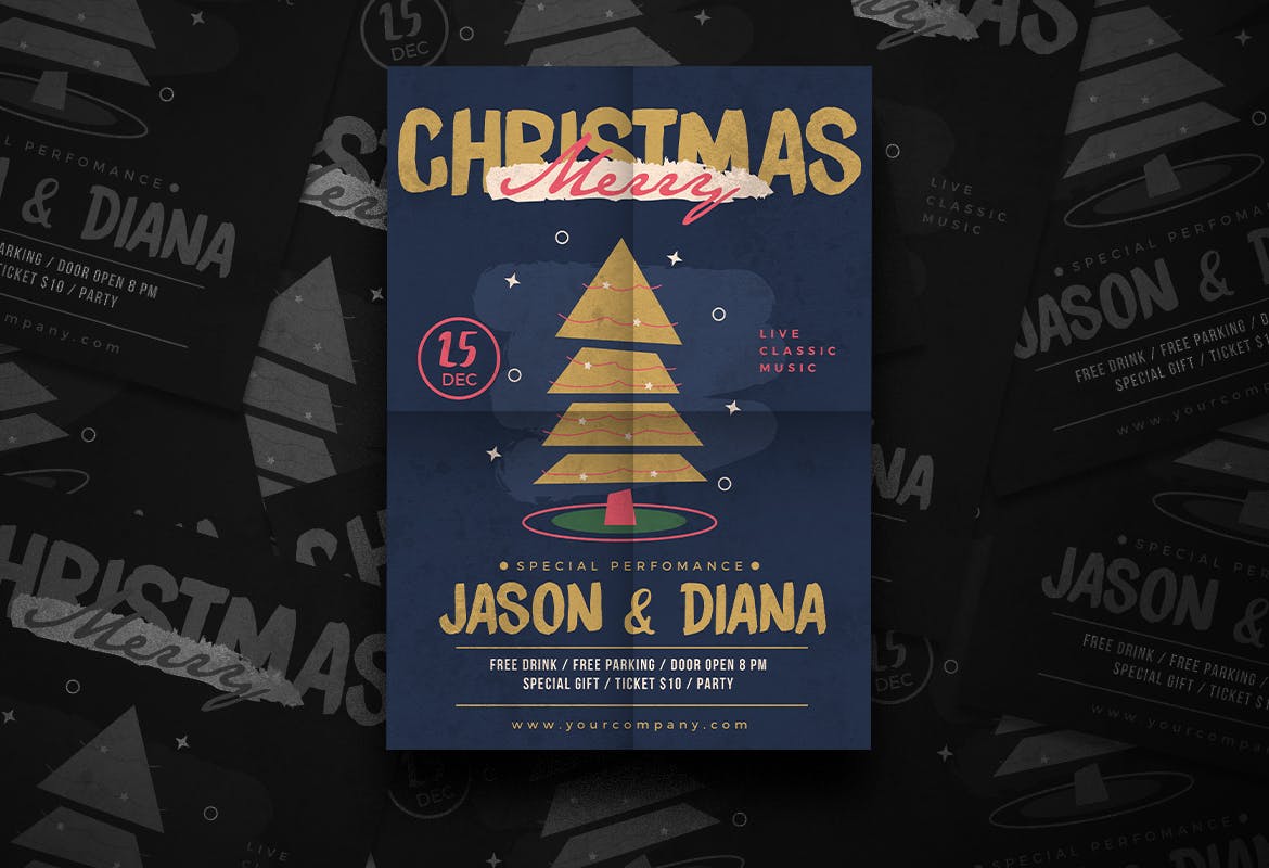 创意圣诞树手绘图案圣诞音乐活动海报传单模板 Christmas Party Flyer插图(1)