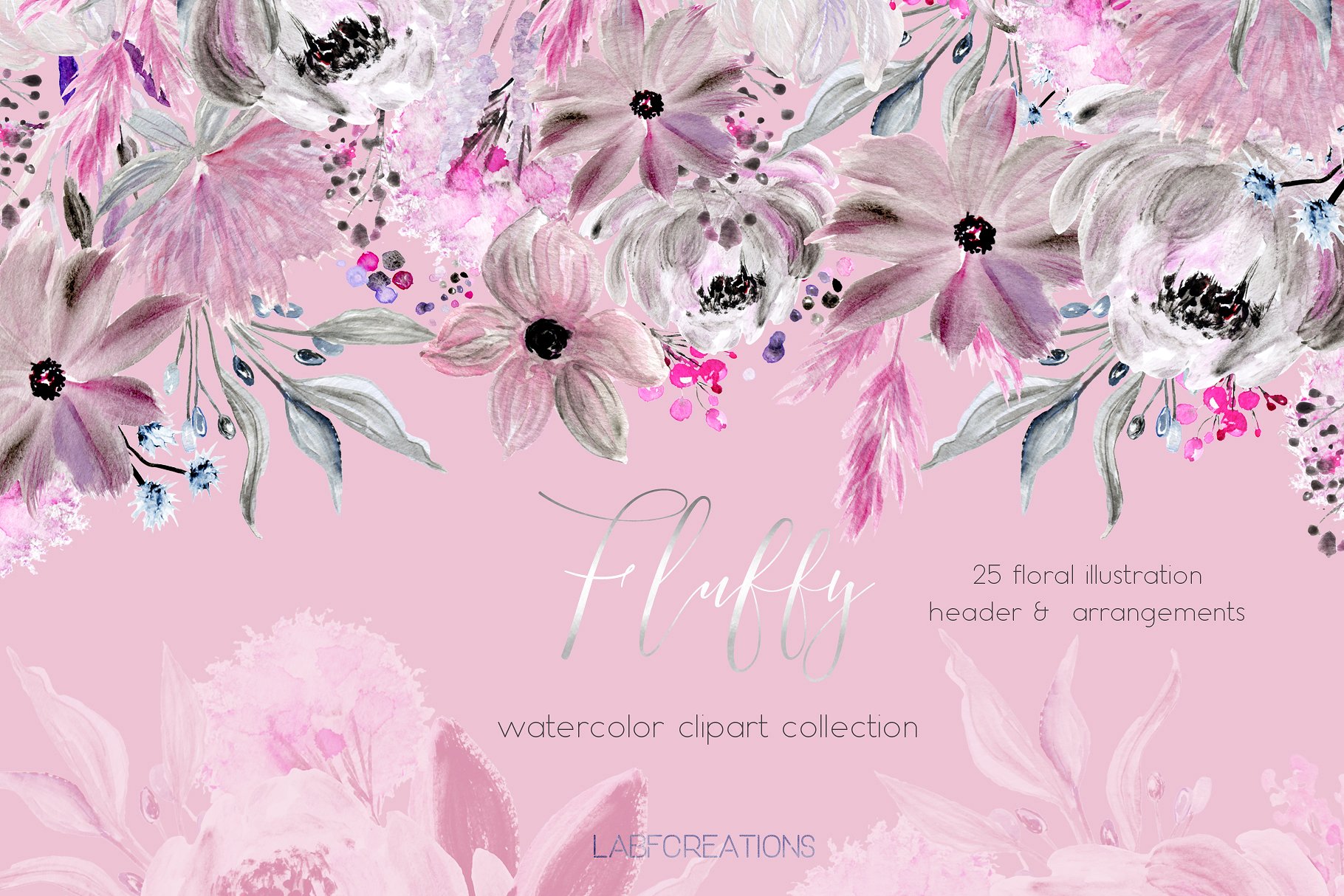 毛茸茸的水彩花卉元素 Fluffy. Watercolor floral clipart插图(3)