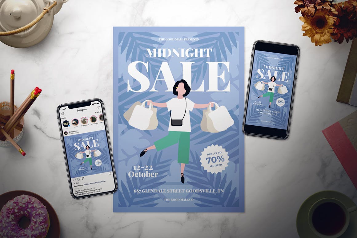 2019卖场午夜促销广告海报设计模板 Midnight Sale Flyer Set插图(1)