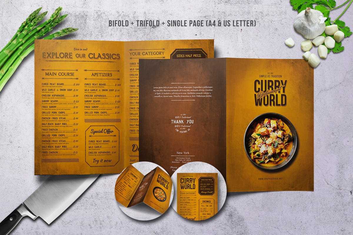 咖喱美食复古餐饮菜单PSD模板下载 Curry World Retro Menu Bundle插图