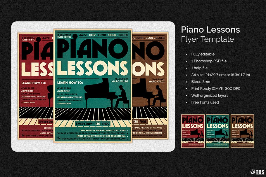 钢琴音乐课程推广传单PSD模板 Piano Lessons Flyer PSD插图(1)