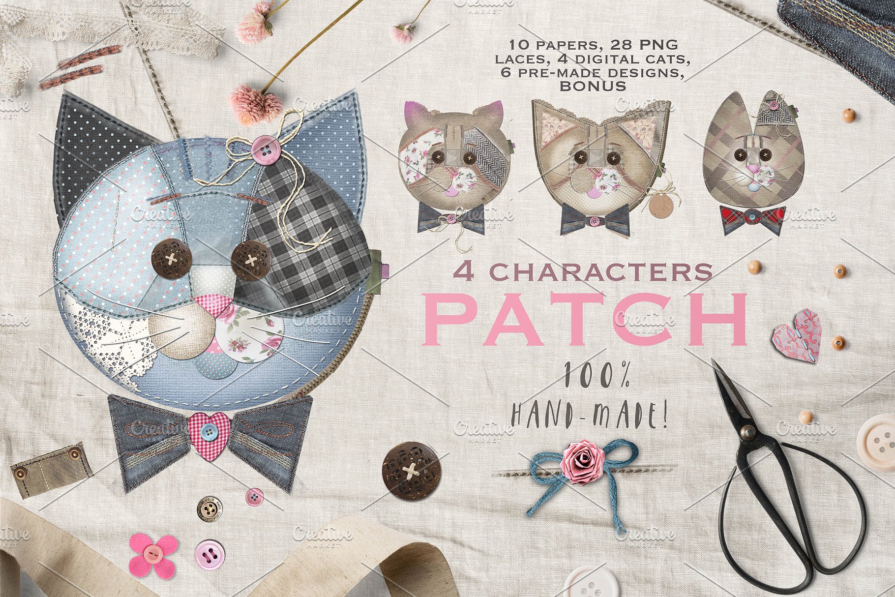 布艺拼接缝制风格猫动物插画 CATS ON PATCH插图(1)