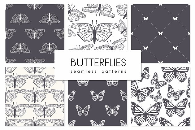 蝴蝶图案无缝纹理 Butterflies. Seamless Patterns Set插图
