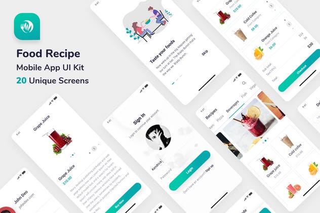 在线点餐类美团手机APP应用UI套件 Food Recipe Mobile App UI Kit插图(1)