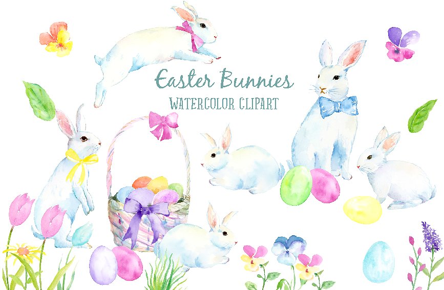 复活节兔子水彩剪贴画 Watercolor Easter Bunny插图(1)