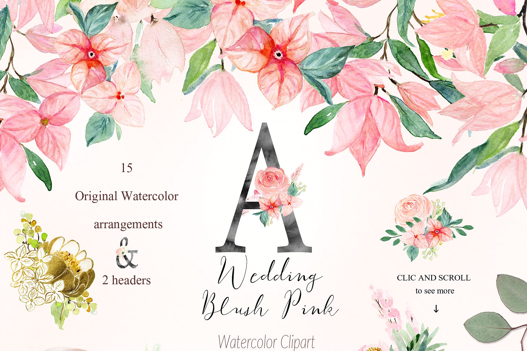 胭脂红水彩花卉元素,花环,花式字母… Blush pink bougainvillea插图(5)