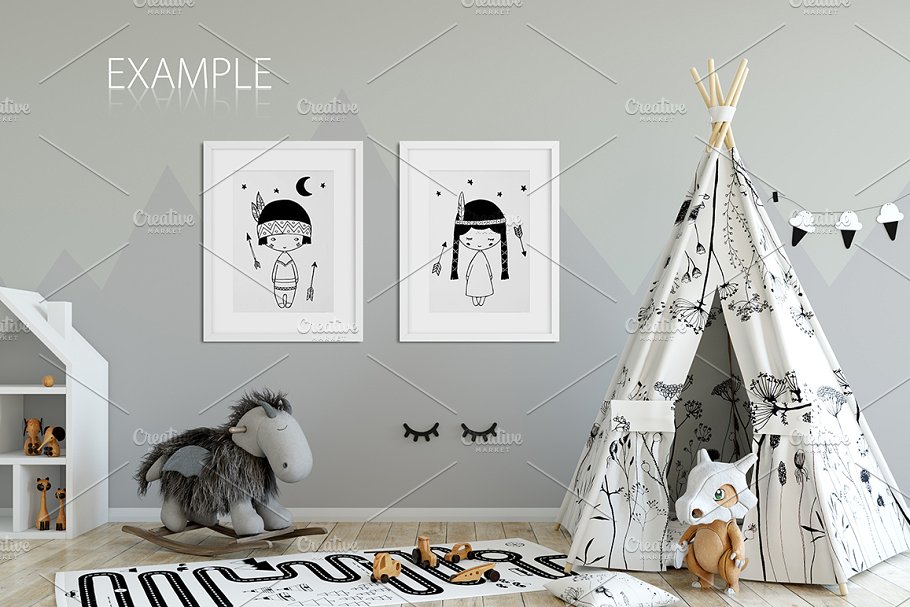 儿童主题卧室墙纸设计&相框样机 Interior KIDS WALL & FRAMES Mockup 2插图(29)
