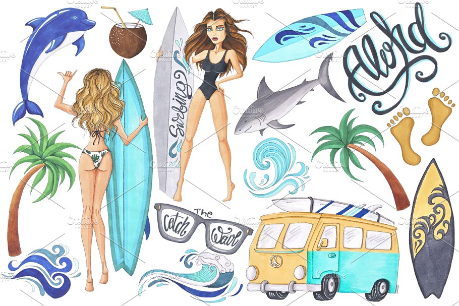 冲浪主题手绘插画合集 Surf Trip Hand-painted Collection插图(1)