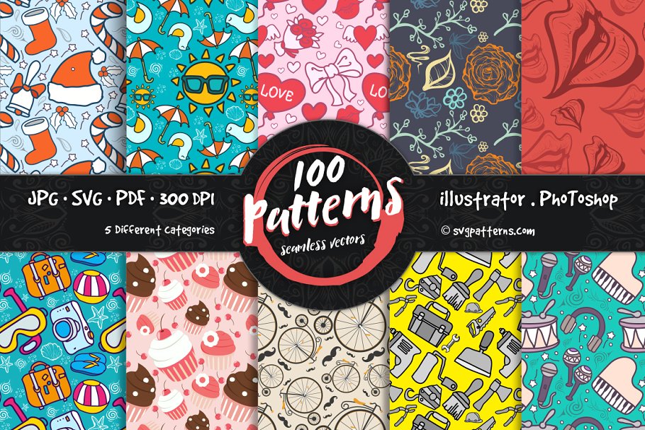100款节日气氛图案图标无缝纹理 100 Seamless Vector Patterns插图