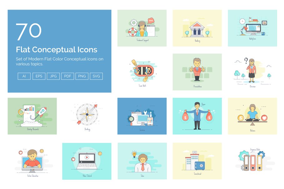 70个扁平化服务支持/商务服务图标集  70 Flat Conceptual Icons插图