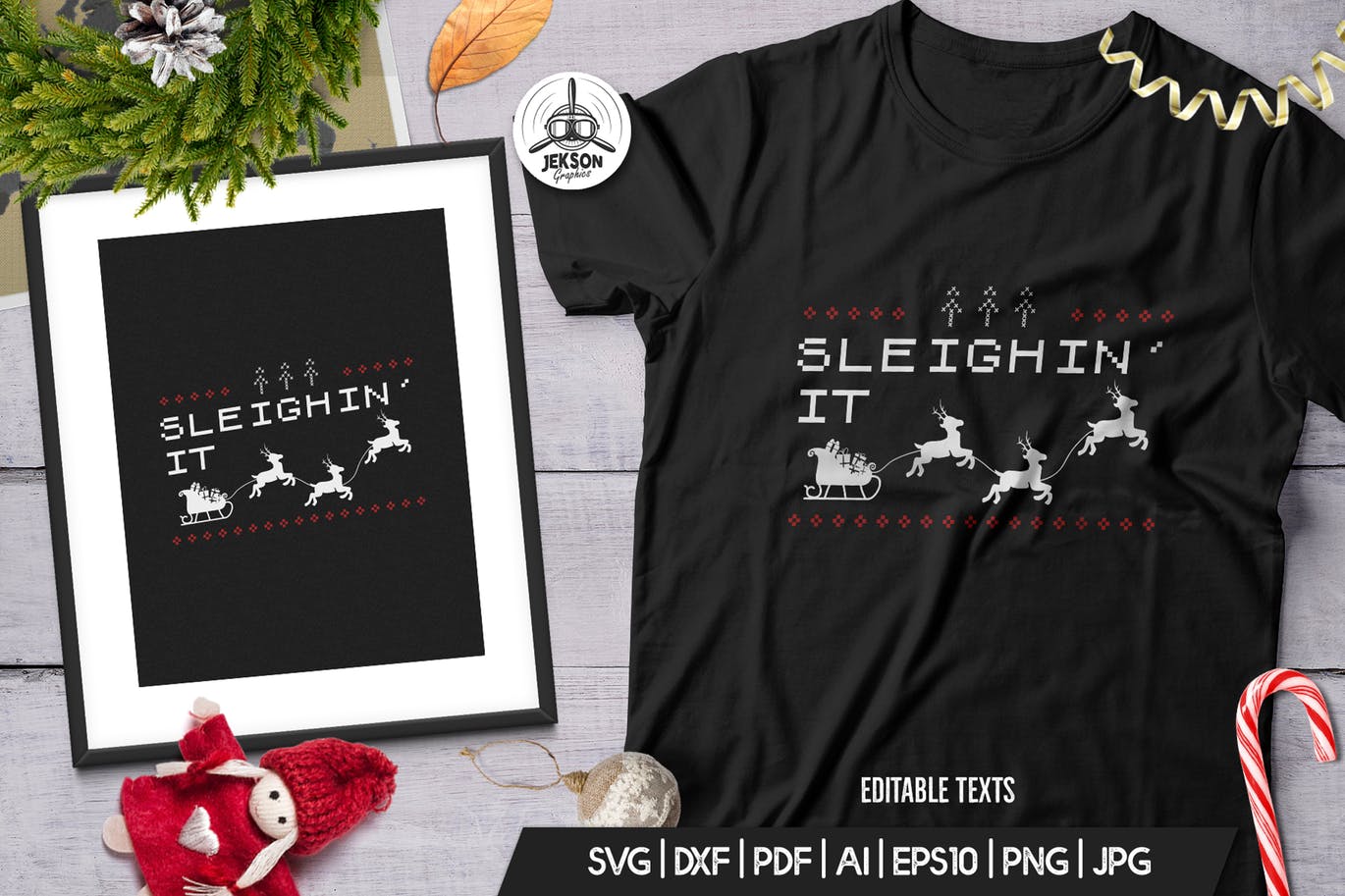 复古风格圣诞节主题T恤圣诞老人&麋鹿印花图案设计素材 Vintage Christmas Print Template, TShirt Design插图