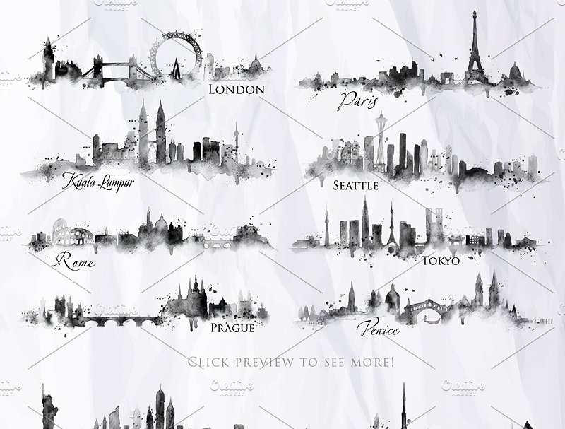 71个城市水彩剪影矢量图形 Silhouette city插图(2)