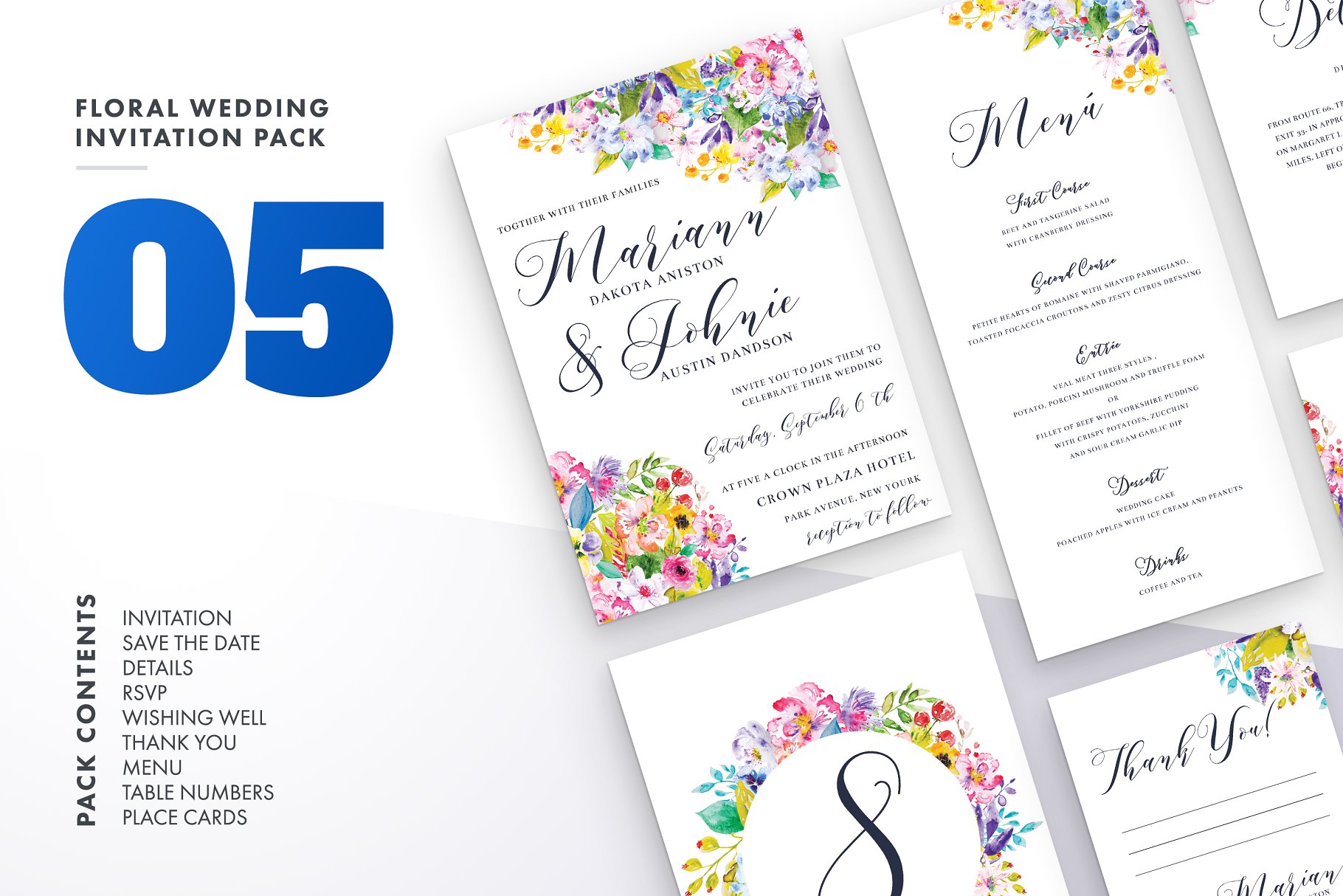 彩色水彩碎花婚礼邀请函设计套装v5 Floral Wedding Invitation Set Vol.5插图
