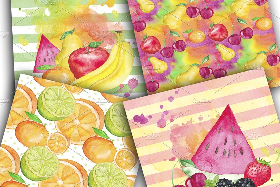 水彩数码水果图案纸张纹理 Fruit Watercolor Digital Papers Pack插图(2)