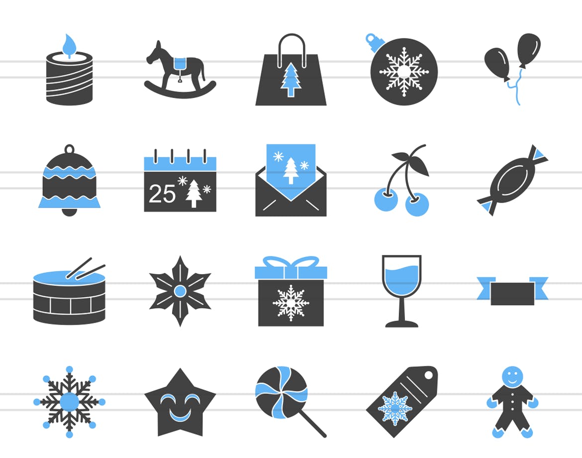 40枚圣诞节主题蓝黑色填充图标 40 Christmas Filled Blue & Black Icons插图(1)
