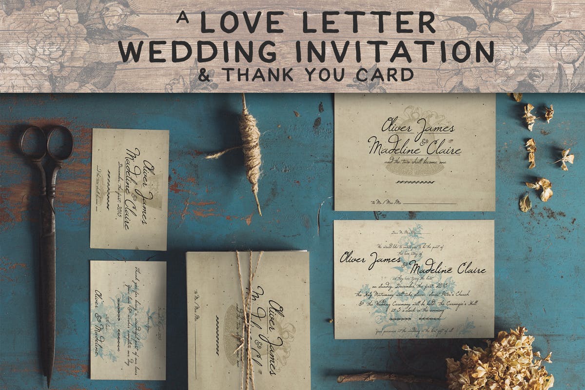 复古设计风格浪漫情书婚礼邀请函设计素材套装 Love Letter Wedding Invitation插图
