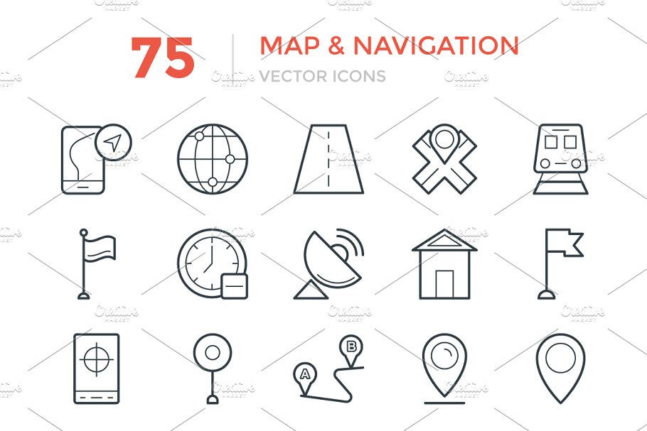 75个地图和导航矢量图标 75 Maps and Navigation Vector Icons插图