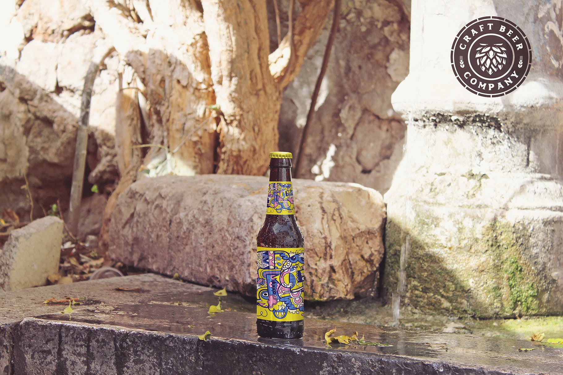 喷泉场景啤酒瓶外观设计样机模板 Fountain Beer Mockup插图(2)