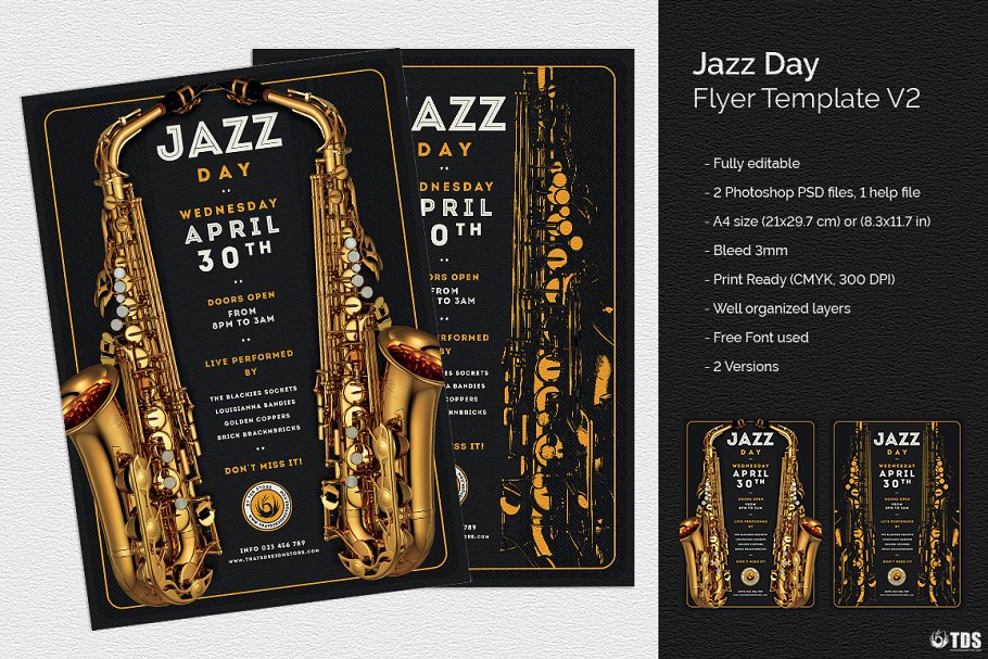 爵士音乐现场演奏会海报传单PSD模板V.2 Jazz Day Flyer PSD V2插图