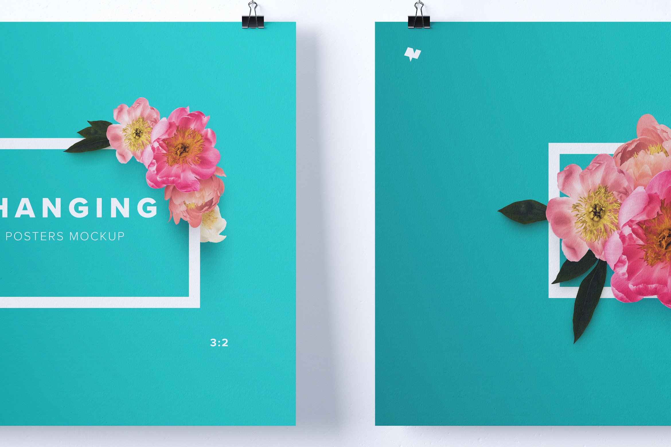 Twins悬挂海报设计效果图画框样机模板素材 Two 3:2 landscape hanging posters mockup插图(1)