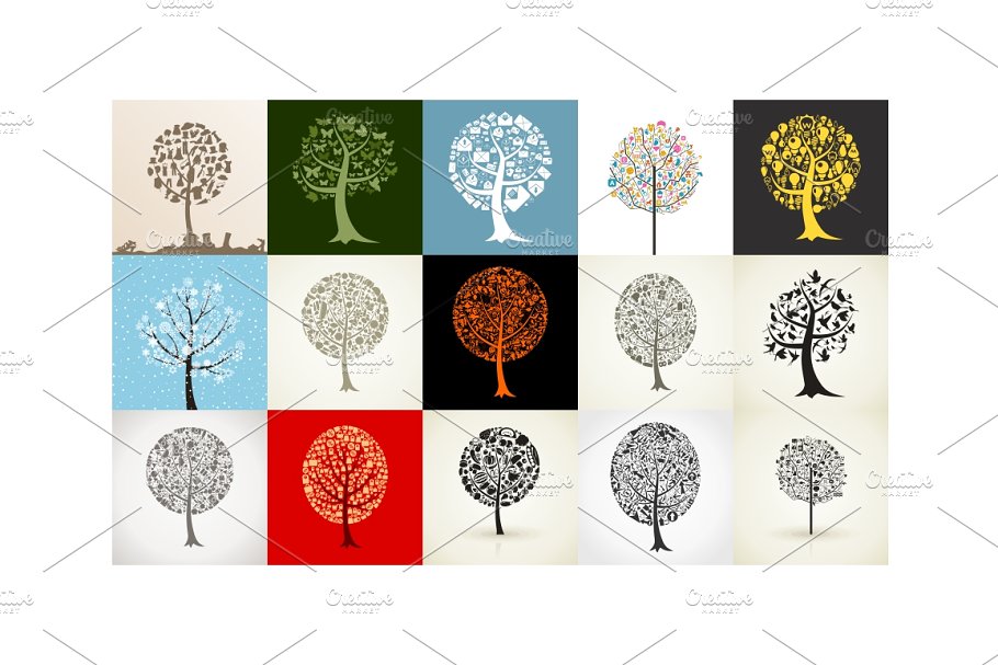 各式手绘水彩大树插图 Collection of trees插图(1)