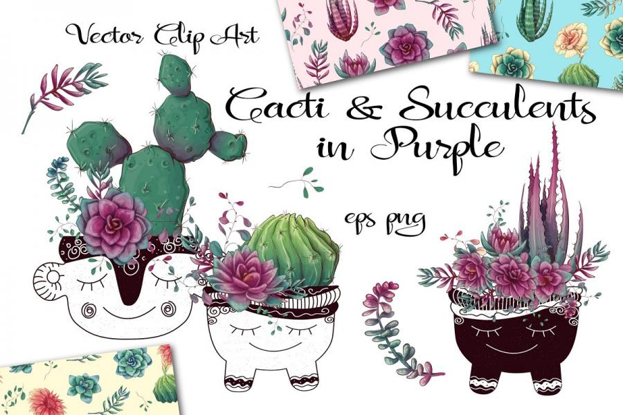 紫色的仙人掌和肉质植物矢量剪贴画插图