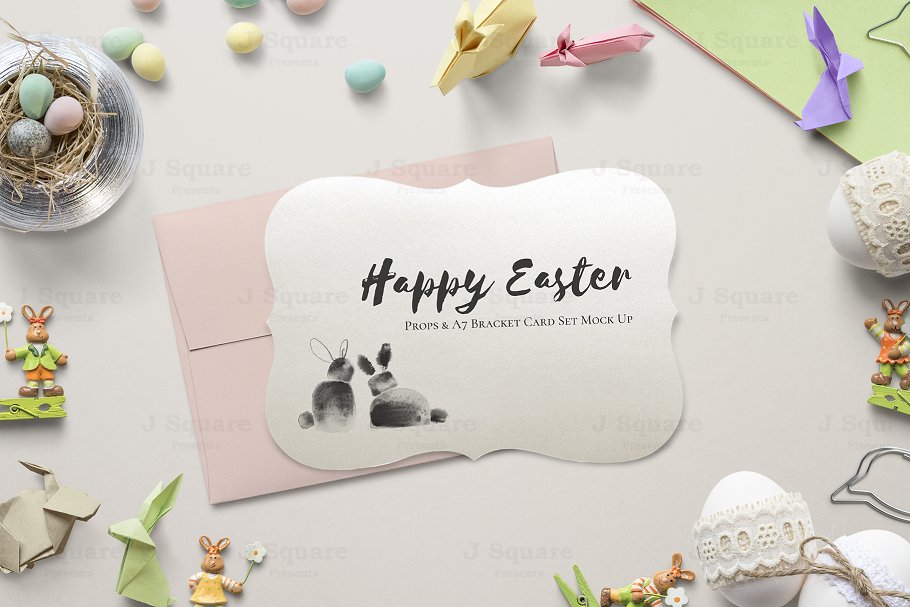 可爱复活节兔子彩蛋元素贺卡模板 Easter A7 Bracket Card Set Mock Ups插图