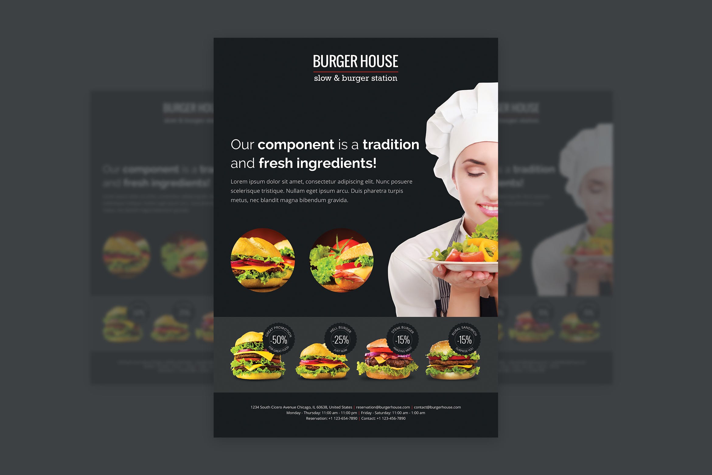 汉堡店/酒吧和餐厅海报宣传单设计模板 BurgerHouse – Bar and Restaurant Flyer插图
