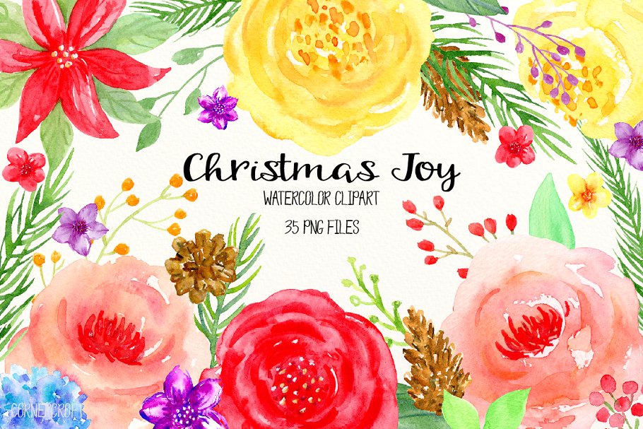 鲜亮喜庆的手绘彩色花卉松果插画 Watercolor Clipart  Christmas Joy插图