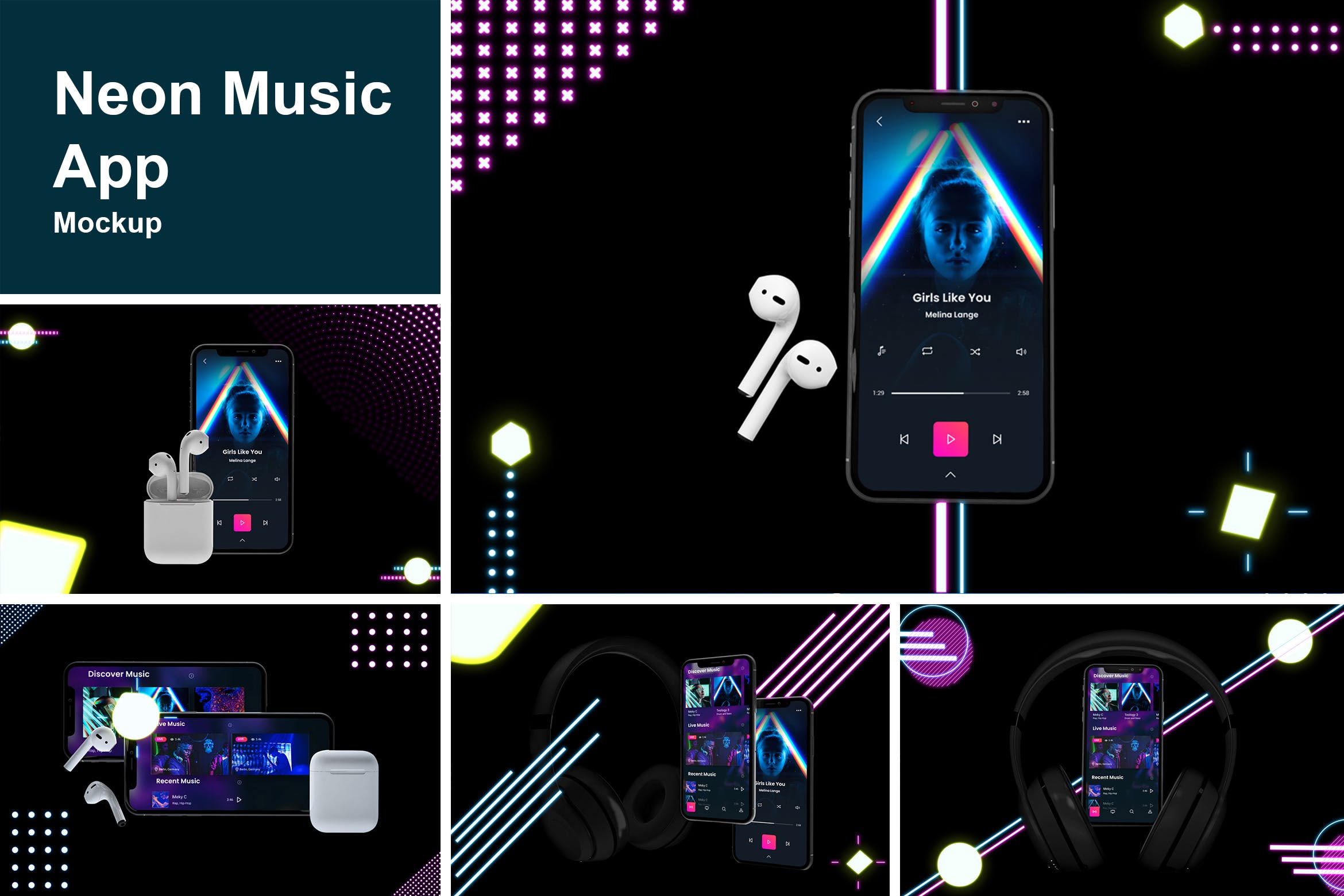 在线音乐APP设计效果图样机模板 Neon Music App MockUp插图