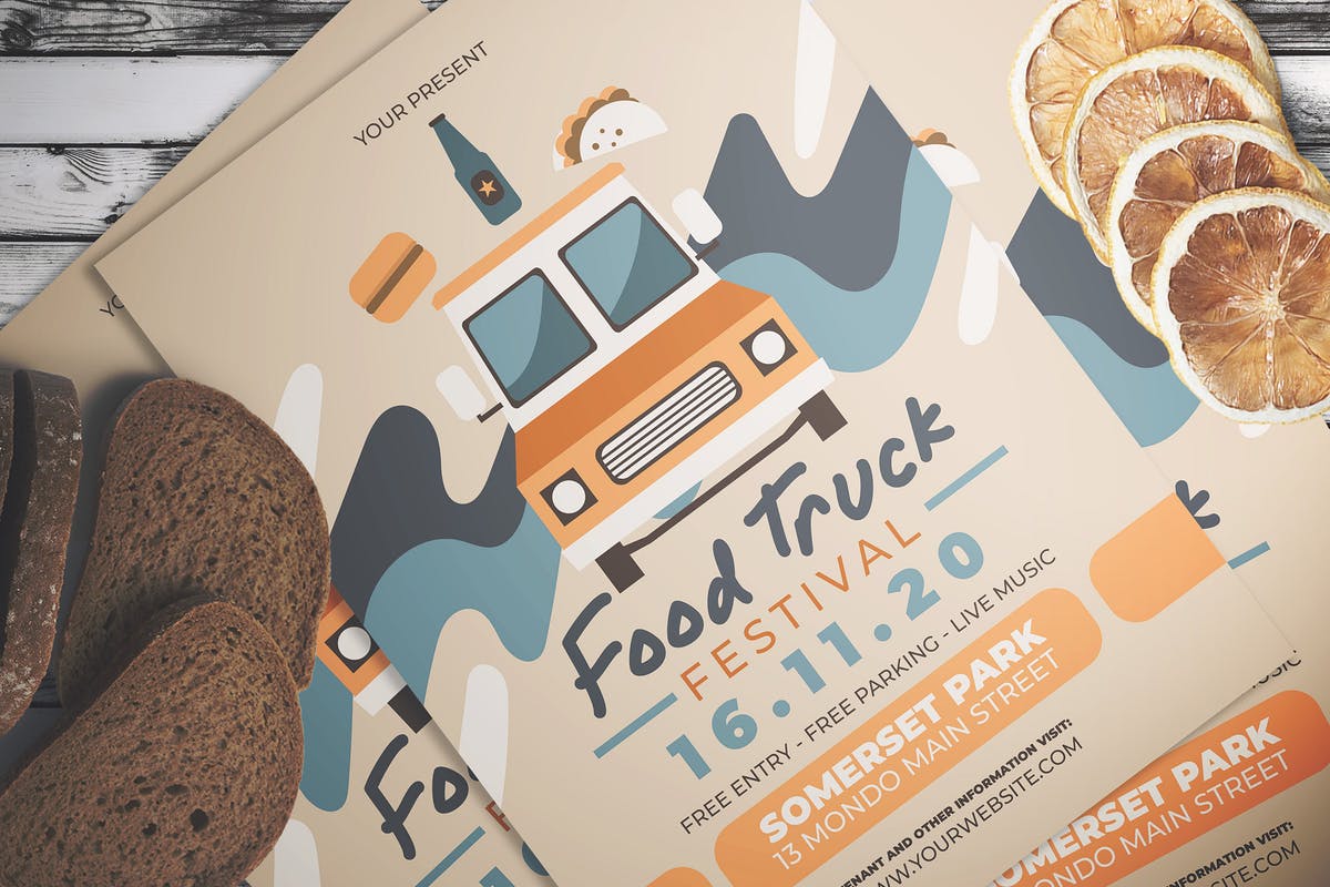 欧美快餐车复古点餐菜单设计模板 Food Truck Fest Flyer插图