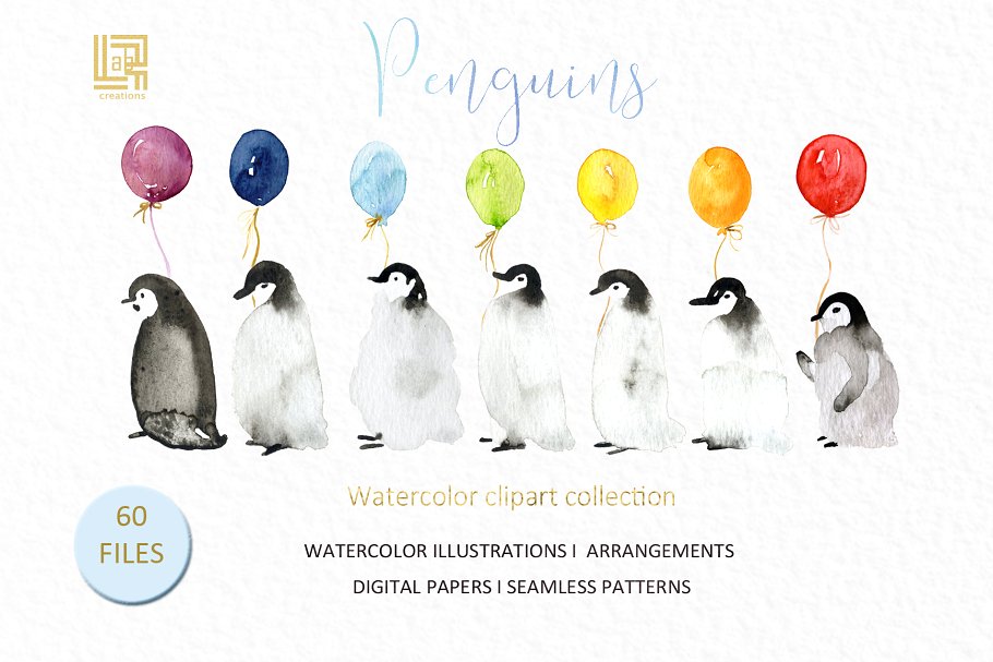 可爱的水彩手绘企鹅插图 Penguins. Watercolor illustrations插图(2)
