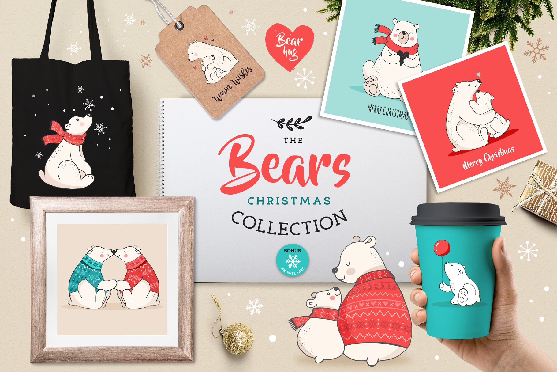 北极熊圣诞主题插画素材 Polar Bears, Christmas illustrations插图