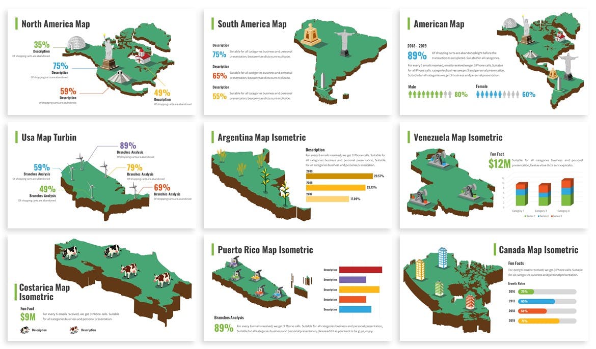 非洲国家/地区地图PPT幻灯片设计素材 America Maps Isometric & Legends For Powerpoint插图(1)