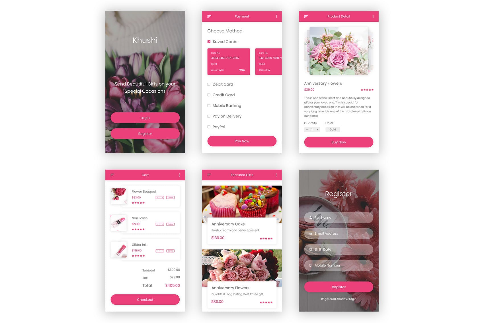 礼品&鲜花预订APP应用UI设计套件PSD模板 Khushi – Gifts & Flowers Shop UI Kit (Photoshop)插图(11)