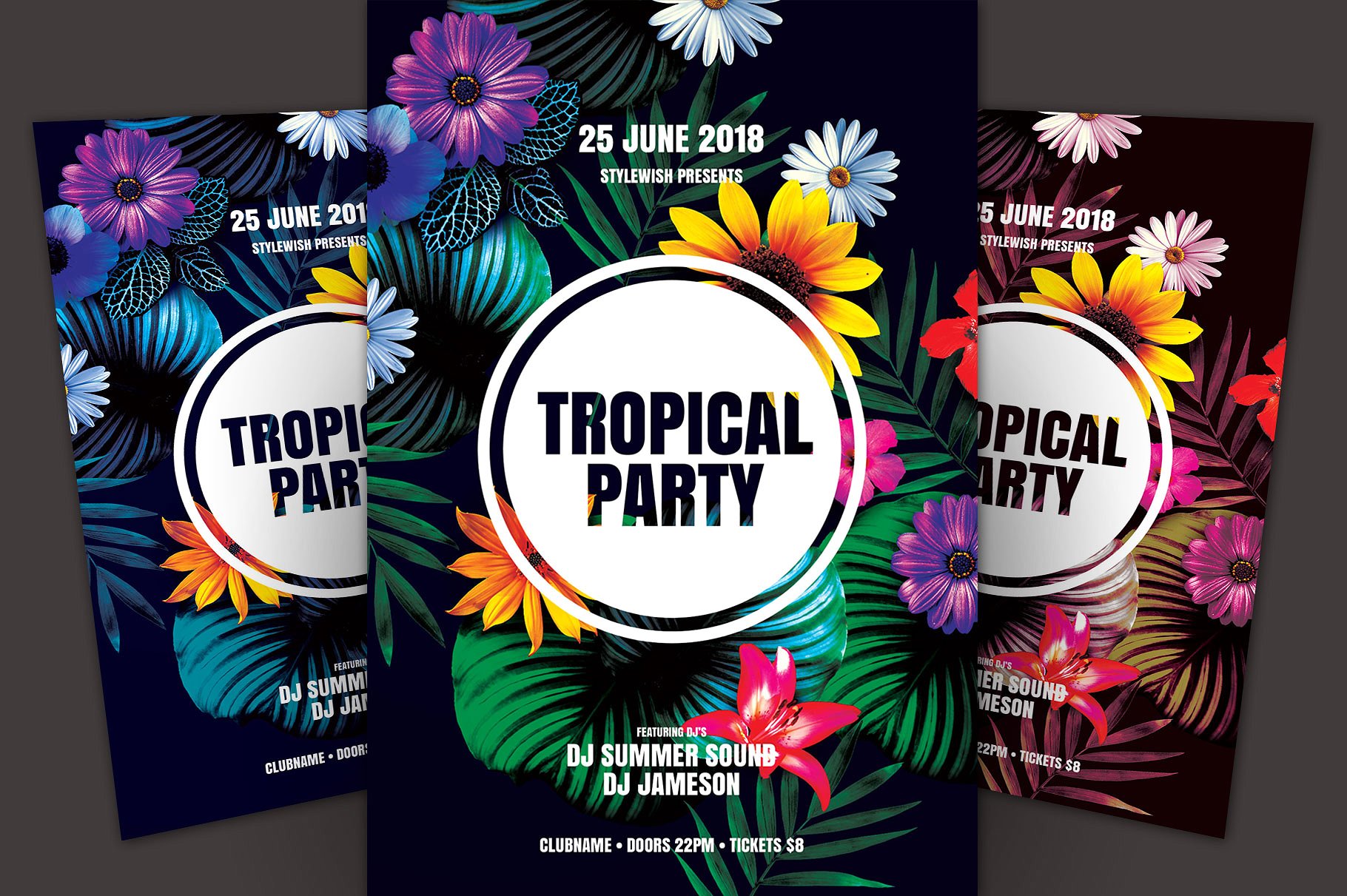 鲜花盛开春天活动海报传单模板 Tropical Party Flyer Template插图