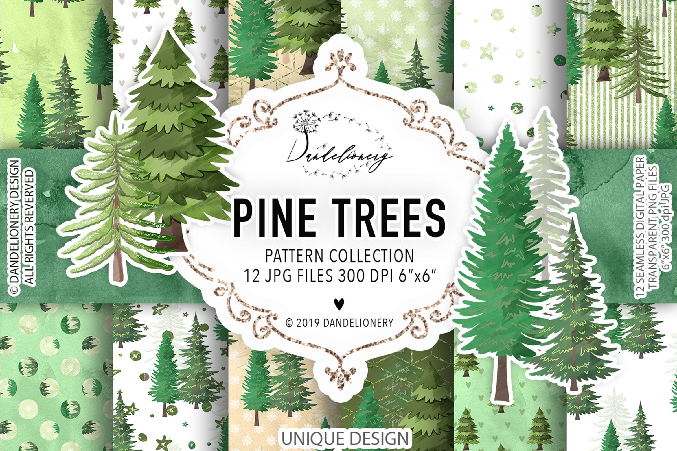 松树水彩手绘图案数码纸张设计素材 Pine trees digital paper pack插图