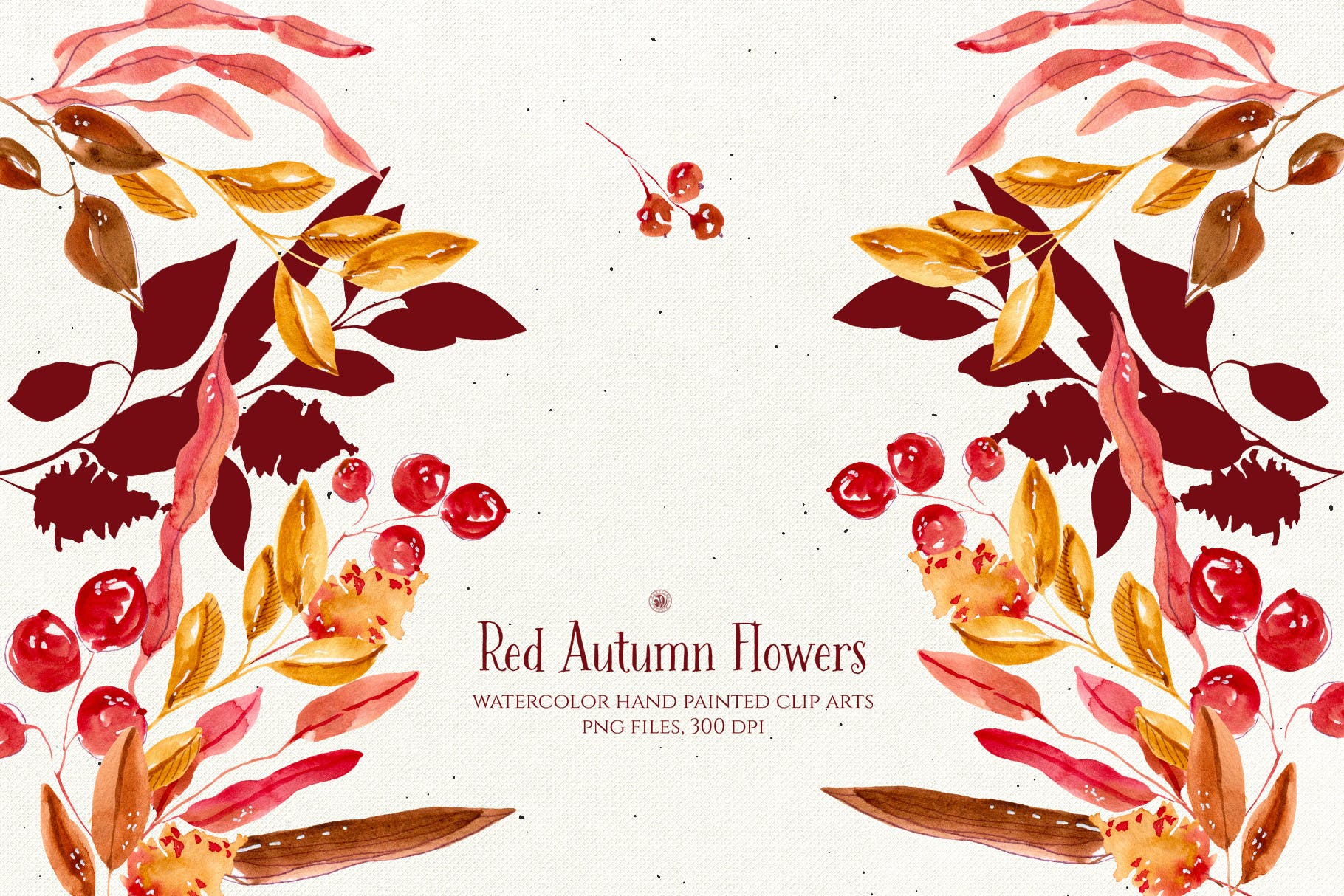 秋天红色水彩手绘花卉剪贴画PNG素材 Red Autumn Flowers插图(2)