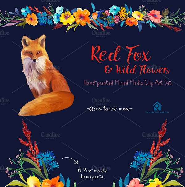 红狐与野花水彩剪贴画 Red Fox and Wild Flowers插图(3)