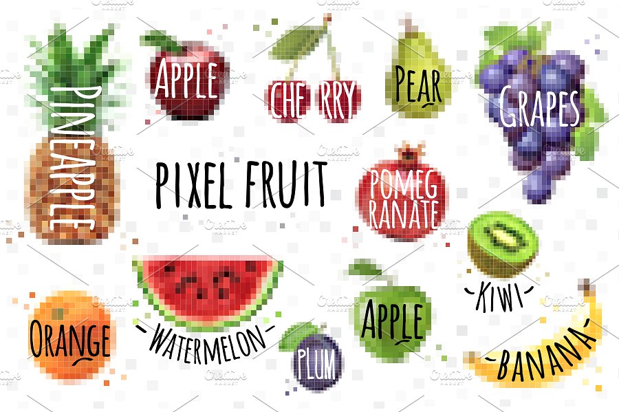 几何方块蔬菜水果颗粒像素化插图 Pixel Fruit & Vegetables插图(2)