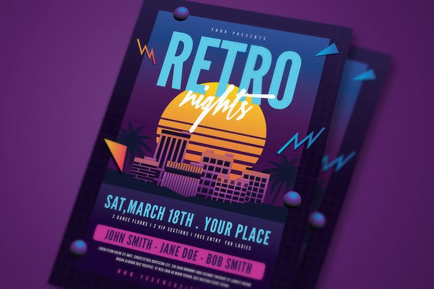 欧美80年代复古夜店风格海报设计模板 Retro Night 80s Flyer插图(2)