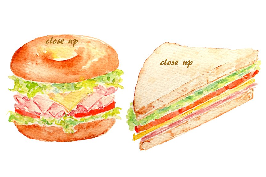 手绘水彩三明治＆汉堡剪贴画 Watercolor Sandwich Burger Hotdog插图(2)