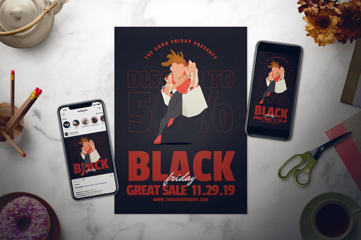 黒五购物节血拼广告海报传单设计模板 Black Friday Flyer Set插图(1)
