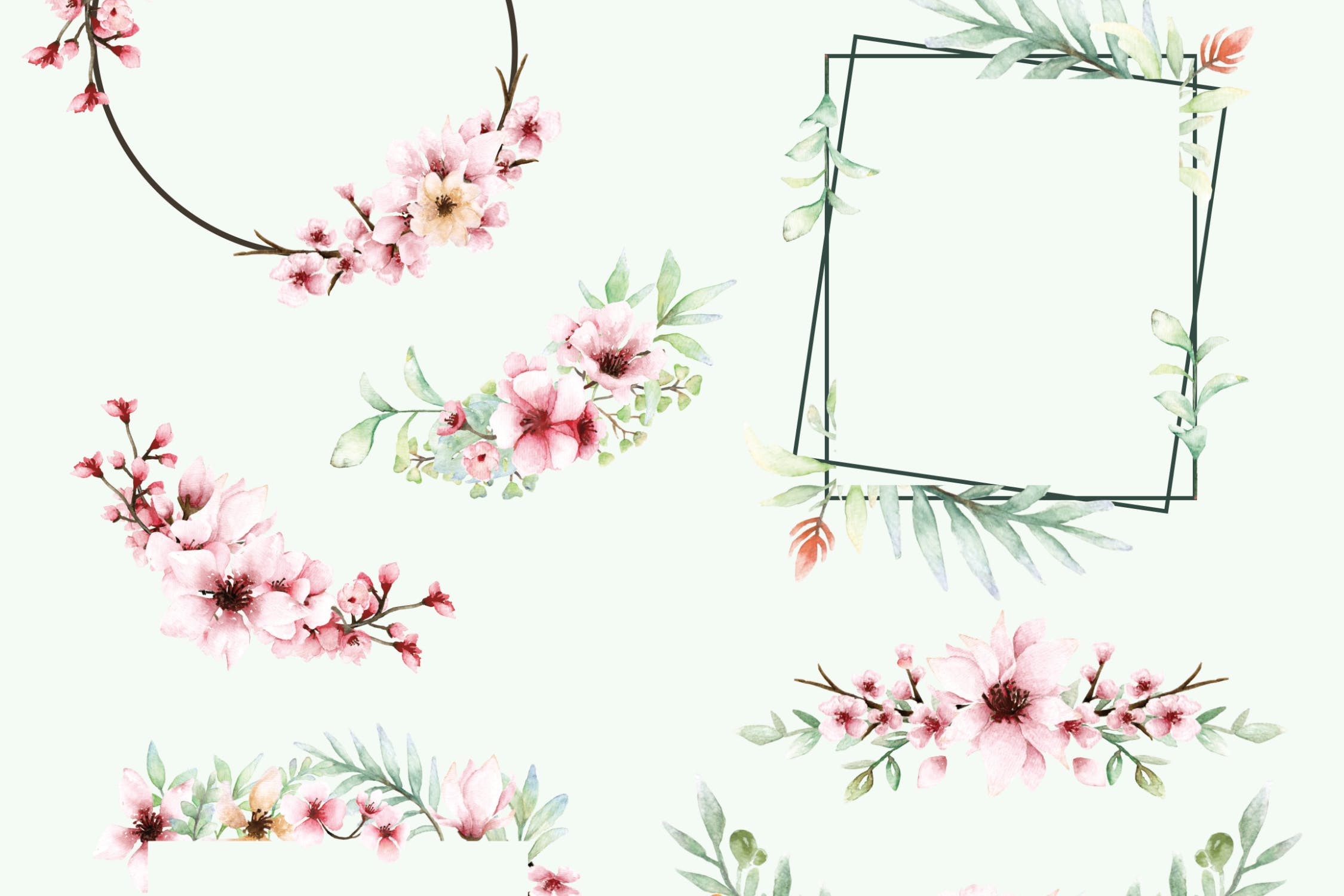 粉色樱花花卉水彩手绘设计套装 Pink Floral – Sakura Watercolor Set插图(6)